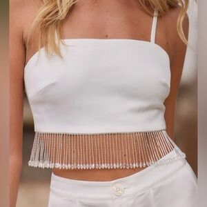 Torrey White Satin Beaded Fringe Crop Top Medium